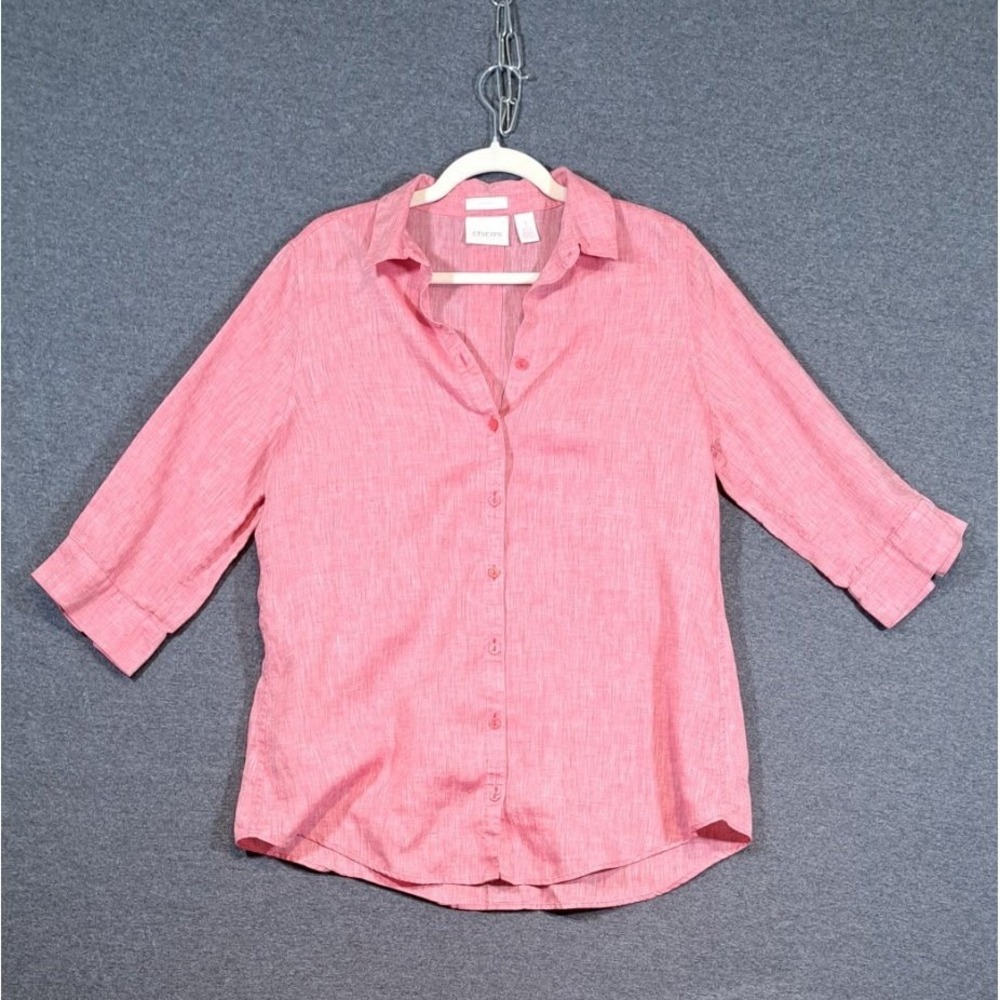 Chicos No-Iron Linen Blend 3/4 Sleeve Button Down Shirt Coral Pink Size 1 M